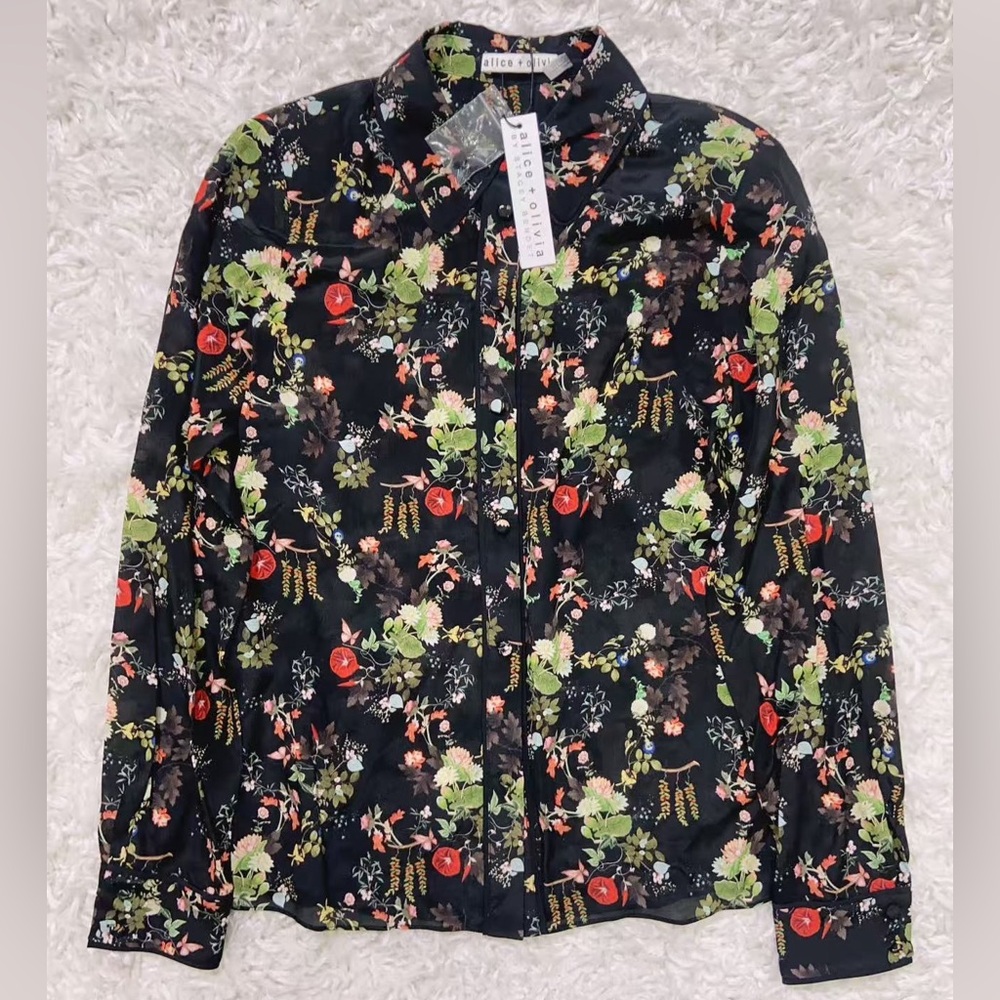 NWT $395 Alice + Olivia Willa Floral Print Silk Blouse